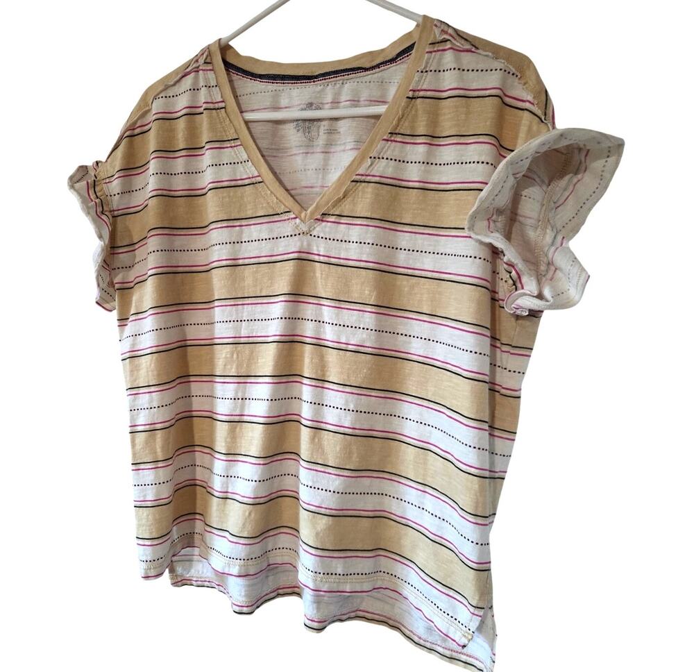Anthropologie Pilcro Small Stripped Ruffle Sleeve Tee Shirt Pink Cream